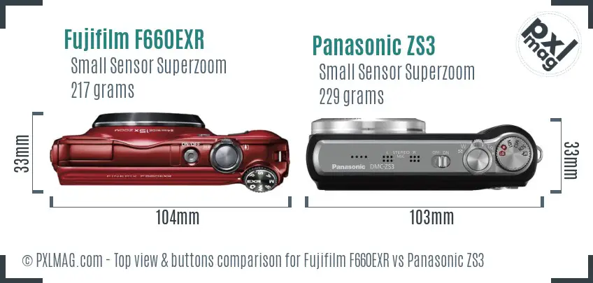 Fujifilm F660EXR vs Panasonic ZS3 top view buttons comparison