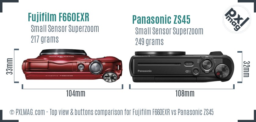 Fujifilm F660EXR vs Panasonic ZS45 top view buttons comparison
