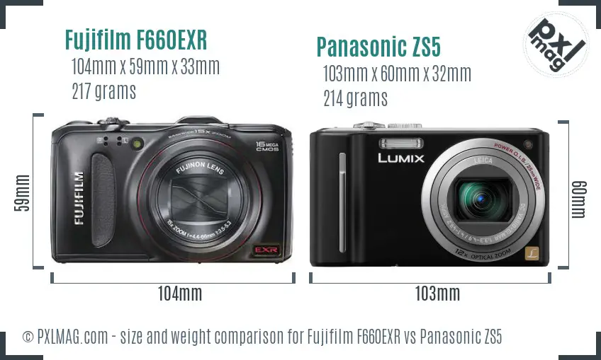 Fujifilm F660EXR vs Panasonic ZS5 size comparison