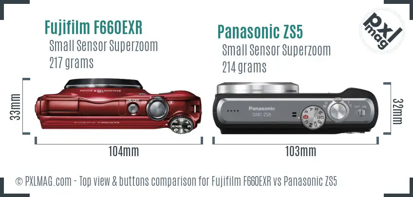 Fujifilm F660EXR vs Panasonic ZS5 top view buttons comparison