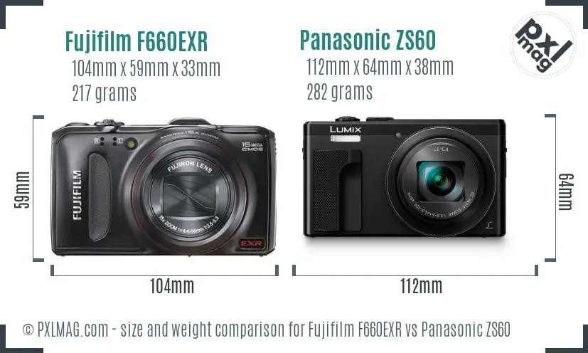 Fujifilm F660EXR vs Panasonic ZS60 size comparison