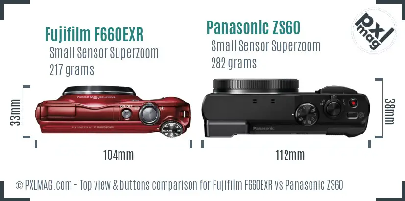Fujifilm F660EXR vs Panasonic ZS60 top view buttons comparison
