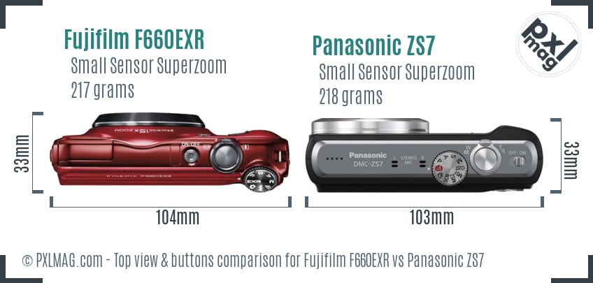 Fujifilm F660EXR vs Panasonic ZS7 top view buttons comparison