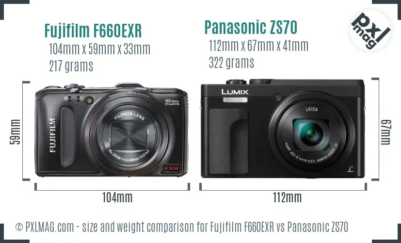 Fujifilm F660EXR vs Panasonic ZS70 size comparison