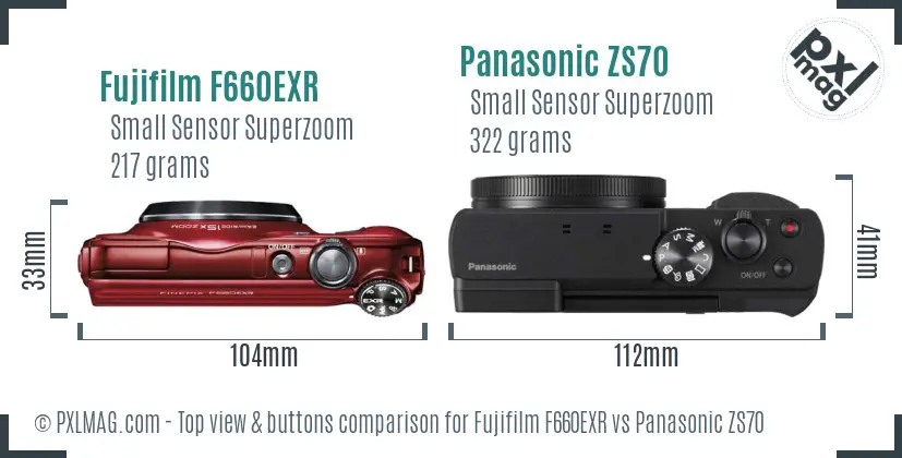 Fujifilm F660EXR vs Panasonic ZS70 top view buttons comparison