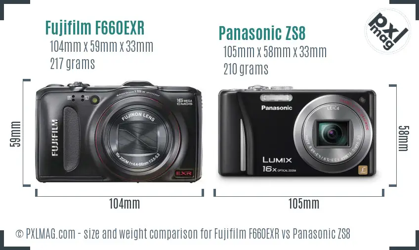 Fujifilm F660EXR vs Panasonic ZS8 size comparison