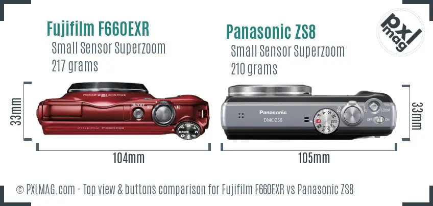 Fujifilm F660EXR vs Panasonic ZS8 top view buttons comparison