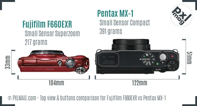 Fujifilm F660EXR vs Pentax MX-1 top view buttons comparison