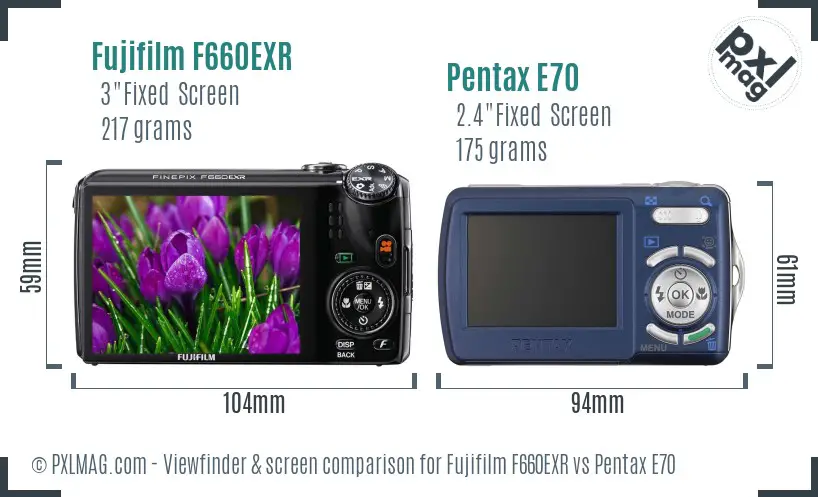 Fujifilm F660EXR vs Pentax E70 Screen and Viewfinder comparison