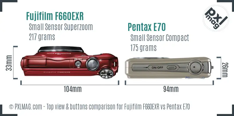 Fujifilm F660EXR vs Pentax E70 top view buttons comparison