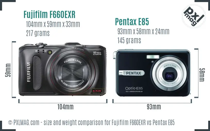 Fujifilm F660EXR vs Pentax E85 size comparison Fujifilm F660EXR vs Pentax E85 size comparison