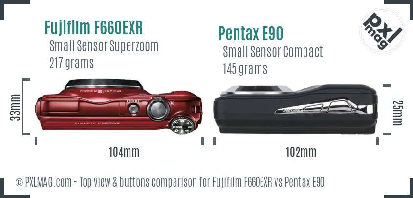 Fujifilm F660EXR vs Pentax E90 top view buttons comparison