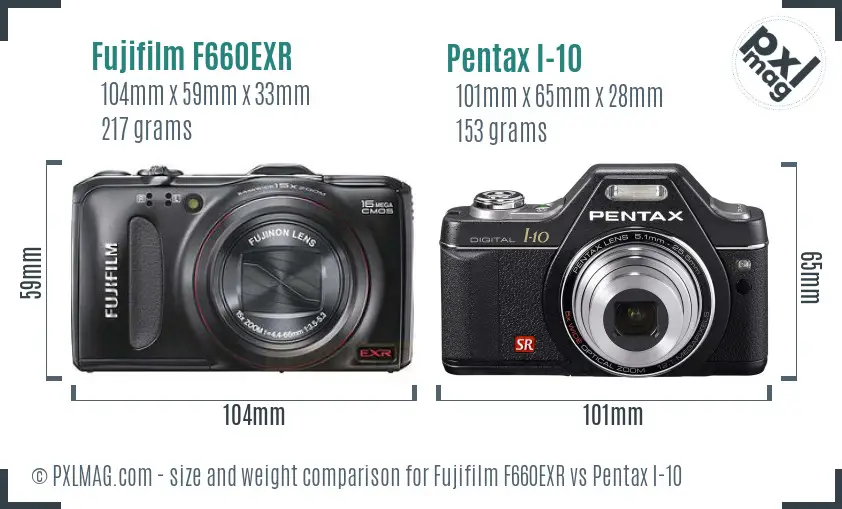 Fujifilm F660EXR vs Pentax I-10 size comparison