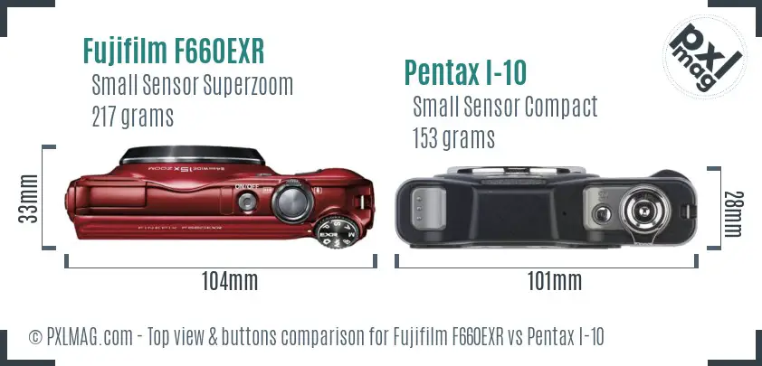 Fujifilm F660EXR vs Pentax I-10 top view buttons comparison