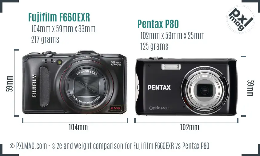 Fujifilm F660EXR vs Pentax P80 size comparison