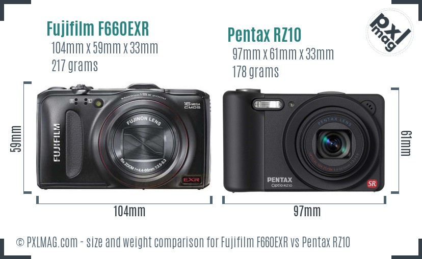 Fujifilm F660EXR vs Pentax RZ10 size comparison