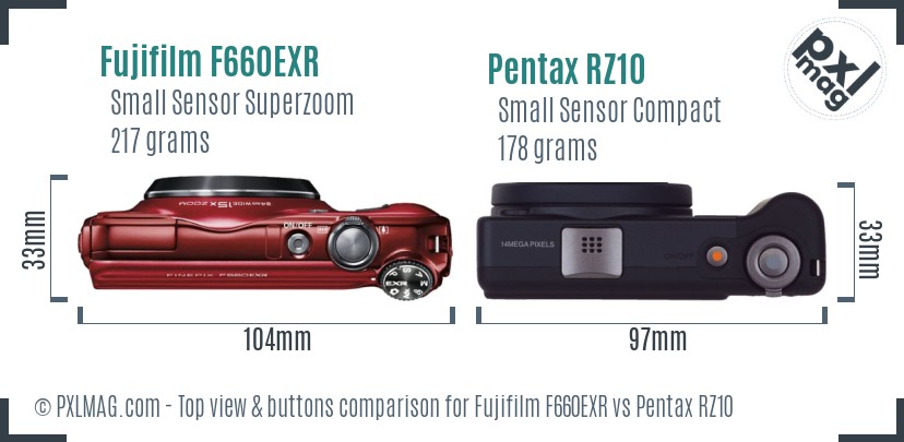 Fujifilm F660EXR vs Pentax RZ10 top view buttons comparison
