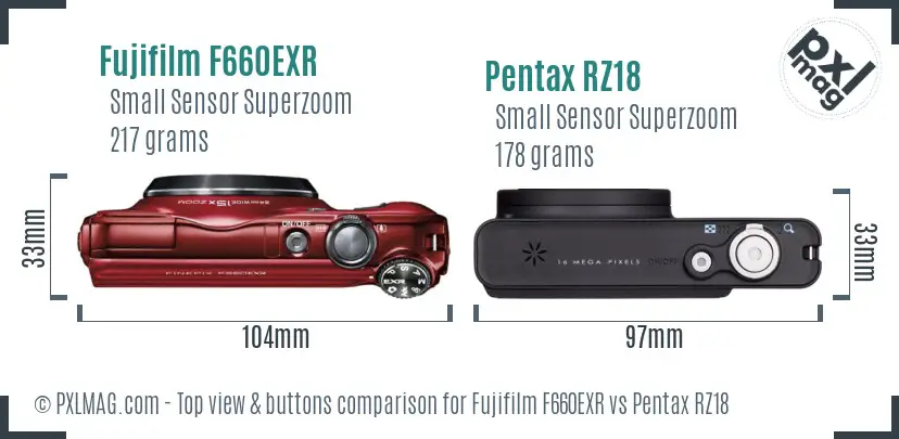 Fujifilm F660EXR vs Pentax RZ18 top view buttons comparison