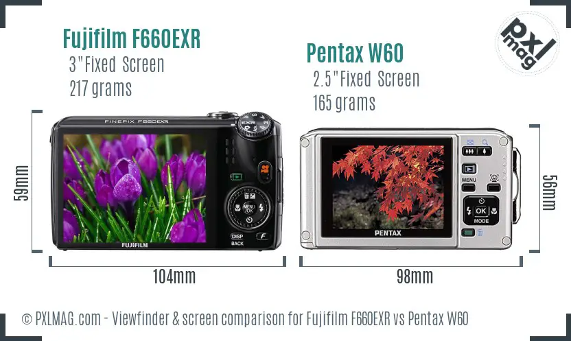 Fujifilm F660EXR vs Pentax W60 Screen and Viewfinder comparison