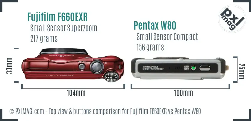 Fujifilm F660EXR vs Pentax W80 top view buttons comparison Fujifilm F660EXR vs Pentax W80 top view buttons comparison