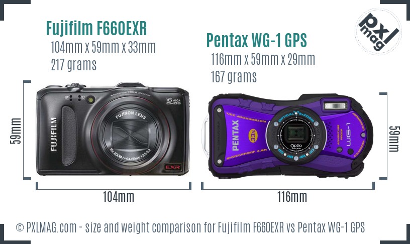Fujifilm F660EXR vs Pentax WG-1 GPS size comparison Fujifilm F660EXR vs Pentax WG-1 GPS size comparison