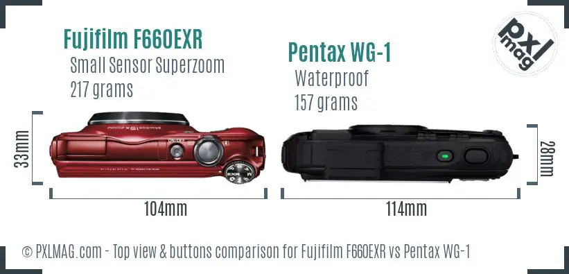 Fujifilm F660EXR vs Pentax WG-1 top view buttons comparison