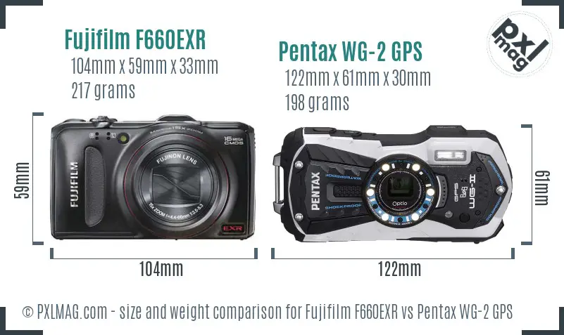 Fujifilm F660EXR vs Pentax WG-2 GPS size comparison Fujifilm F660EXR vs Pentax WG-2 GPS size comparison