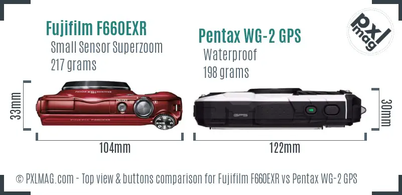 Fujifilm F660EXR vs Pentax WG-2 GPS top view buttons comparison Fujifilm F660EXR vs Pentax WG-2 GPS top view buttons comparison