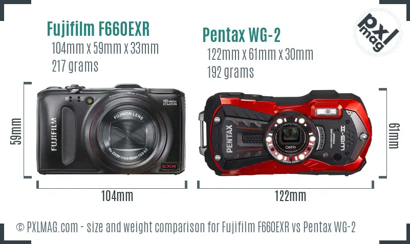 Fujifilm F660EXR vs Pentax WG-2 size comparison