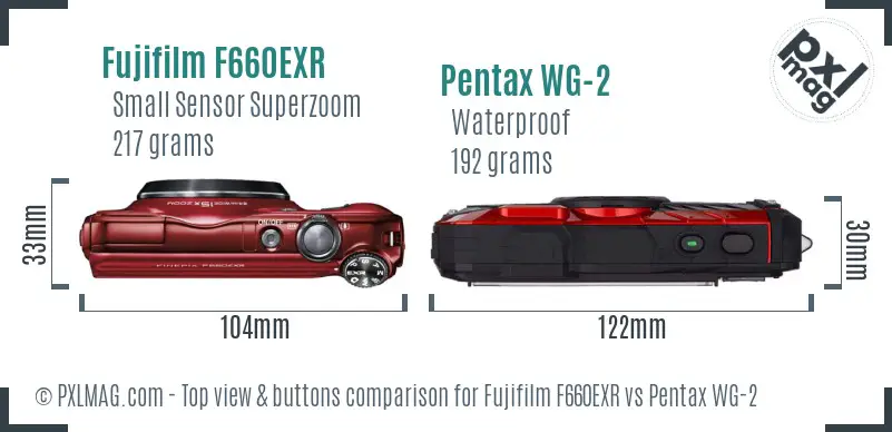 Fujifilm F660EXR vs Pentax WG-2 top view buttons comparison