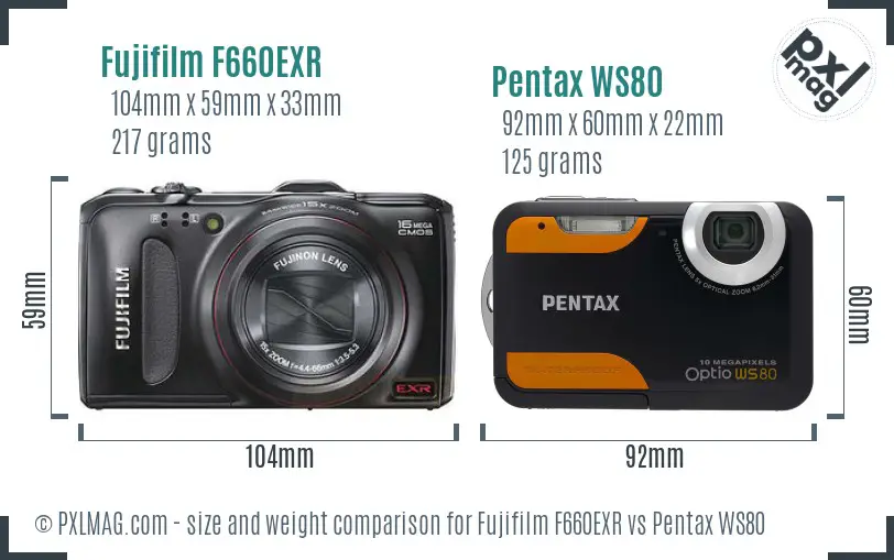Fujifilm F660EXR vs Pentax WS80 size comparison