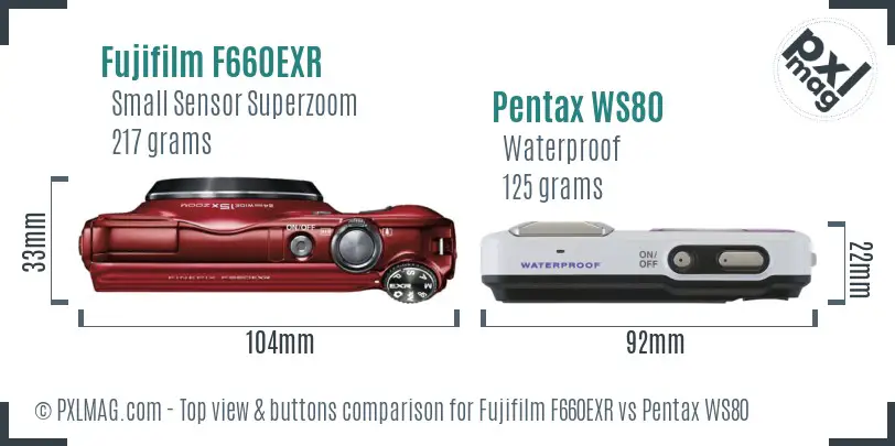 Fujifilm F660EXR vs Pentax WS80 top view buttons comparison