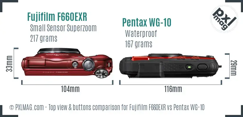Fujifilm F660EXR vs Pentax WG-10 top view buttons comparison