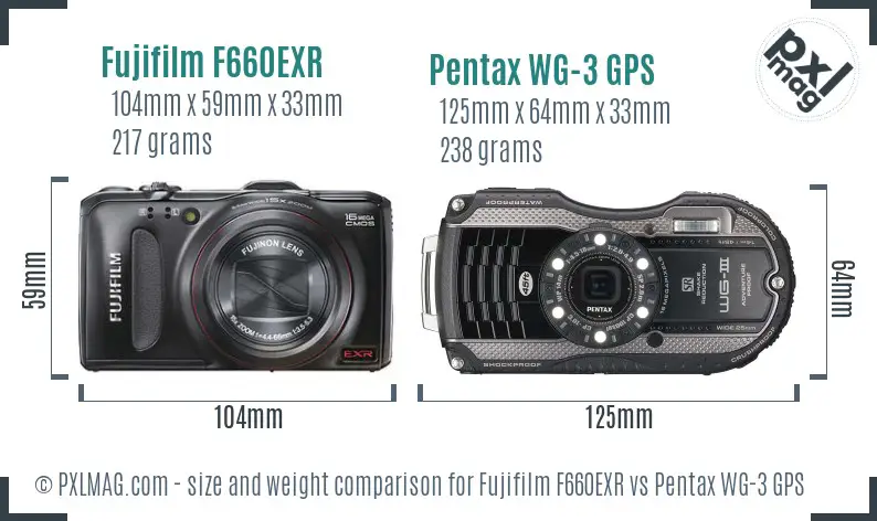 Fujifilm F660EXR vs Pentax WG-3 GPS size comparison