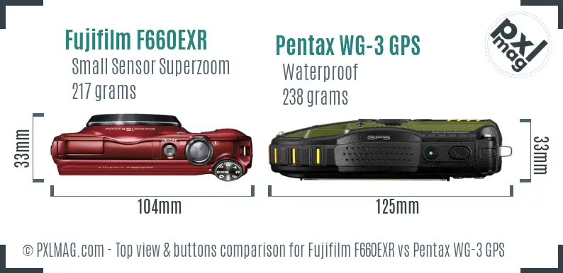 Fujifilm F660EXR vs Pentax WG-3 GPS top view buttons comparison