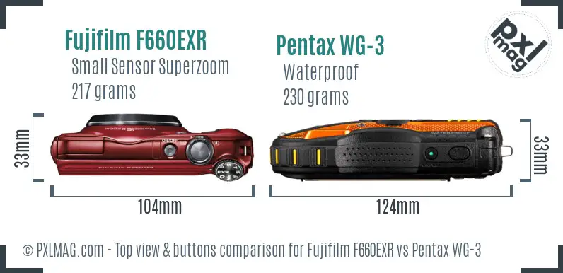 Fujifilm F660EXR vs Pentax WG-3 top view buttons comparison Fujifilm F660EXR vs Pentax WG-3 top view buttons comparison