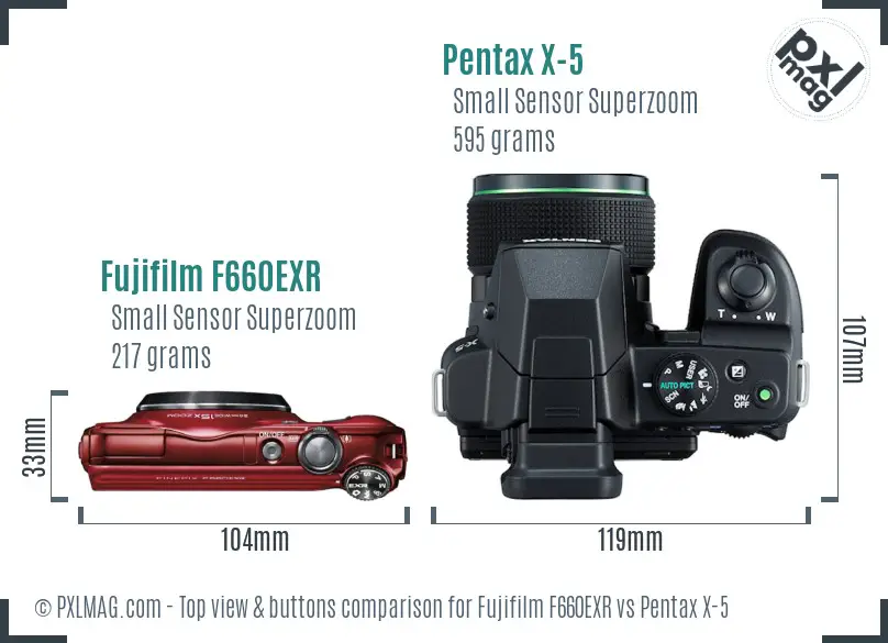 Fujifilm F660EXR vs Pentax X-5 top view buttons comparison