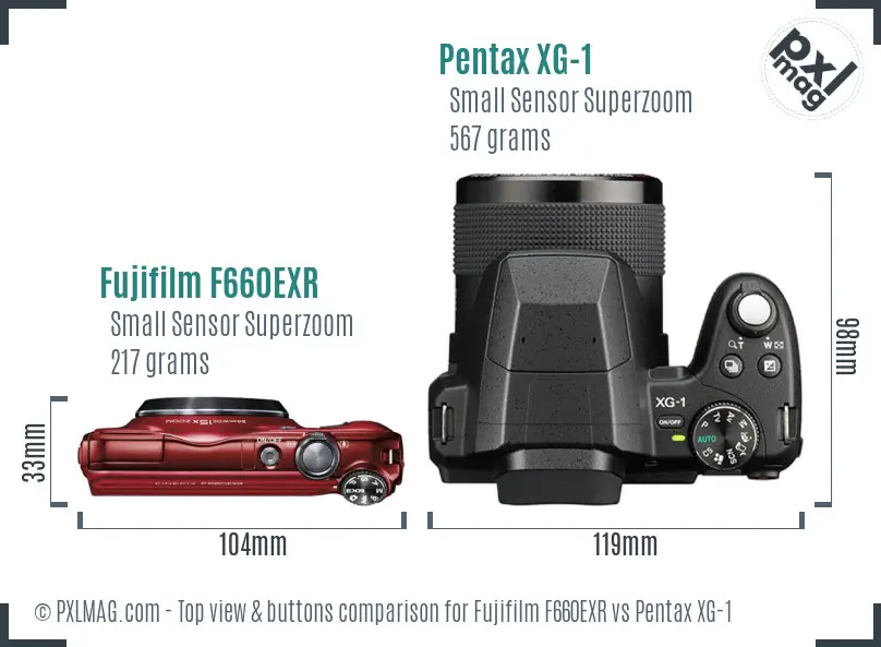 Fujifilm F660EXR vs Pentax XG-1 top view buttons comparison Fujifilm F660EXR vs Pentax XG-1 top view buttons comparison