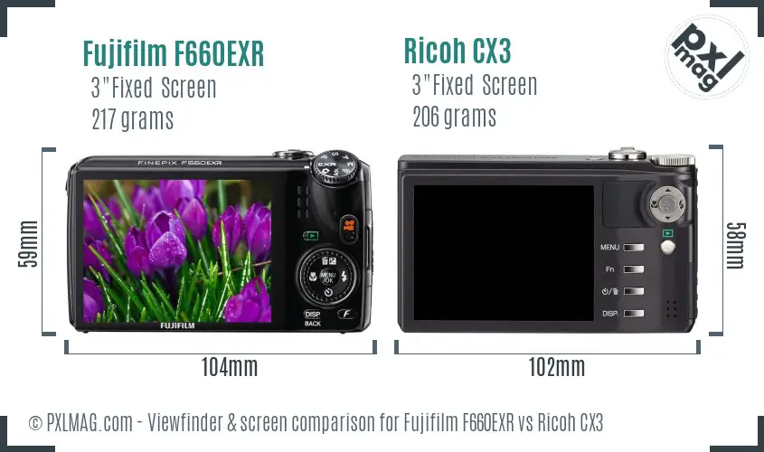 Fujifilm F660EXR vs Ricoh CX3 Screen and Viewfinder comparison