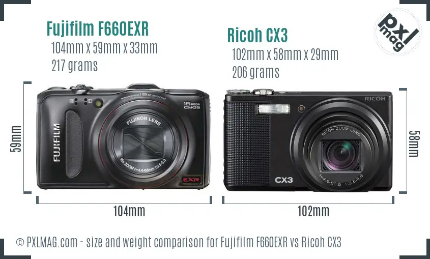 Fujifilm F660EXR vs Ricoh CX3 size comparison