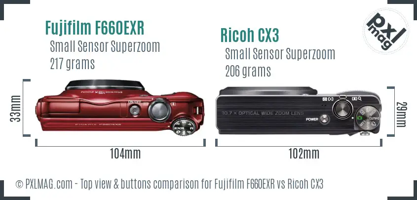 Fujifilm F660EXR vs Ricoh CX3 top view buttons comparison