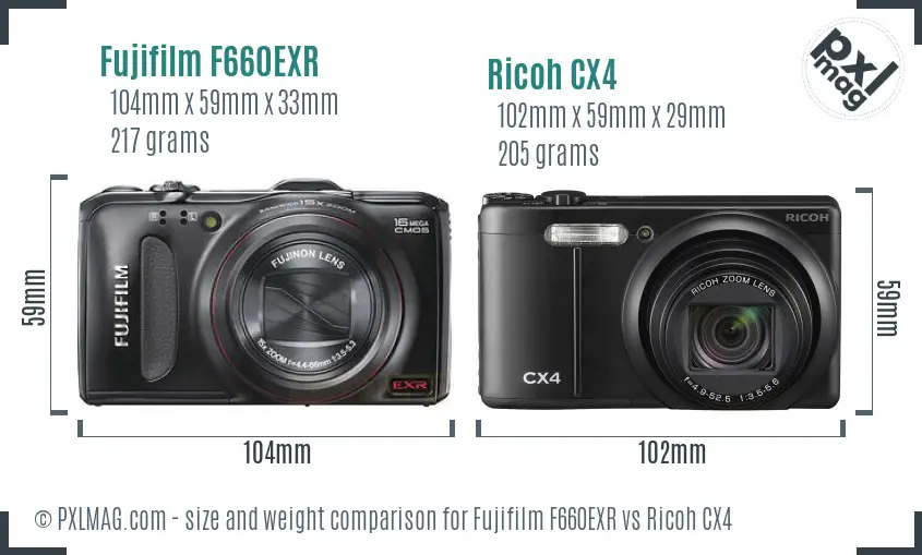 Fujifilm F660EXR vs Ricoh CX4 size comparison