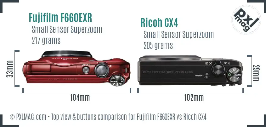 Fujifilm F660EXR vs Ricoh CX4 top view buttons comparison
