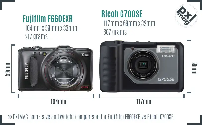 Fujifilm F660EXR vs Ricoh G700SE size comparison