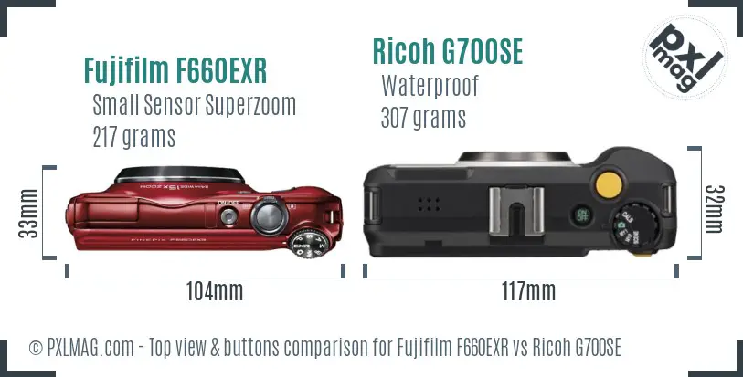 Fujifilm F660EXR vs Ricoh G700SE top view buttons comparison