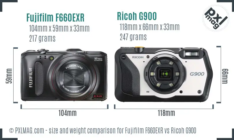 Fujifilm F660EXR vs Ricoh G900 size comparison
