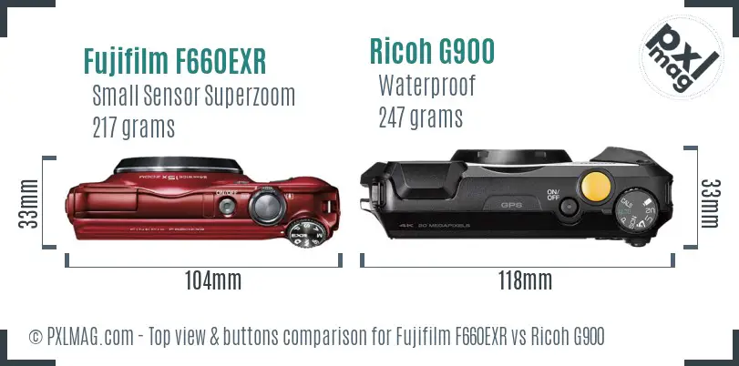 Fujifilm F660EXR vs Ricoh G900 top view buttons comparison