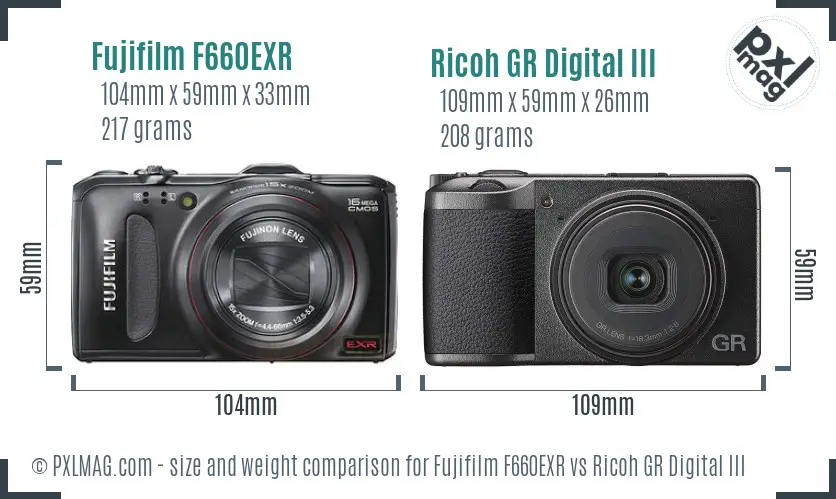 Fujifilm F660EXR vs Ricoh GR Digital III size comparison Fujifilm F660EXR vs Ricoh GR Digital III size comparison