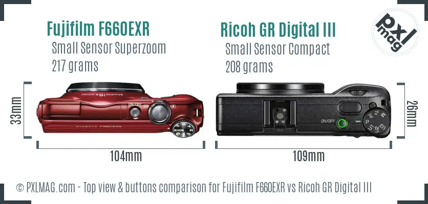Fujifilm F660EXR vs Ricoh GR Digital III top view buttons comparison Fujifilm F660EXR vs Ricoh GR Digital III top view buttons comparison
