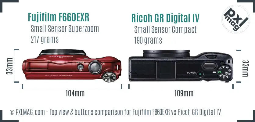 Fujifilm F660EXR vs Ricoh GR Digital IV top view buttons comparison